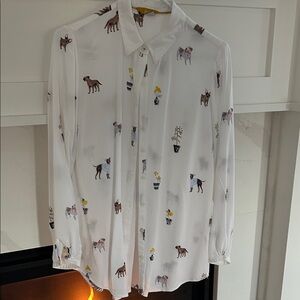 Joules size 6 White Dog Print Long-Sleeve Button-Up Shirt